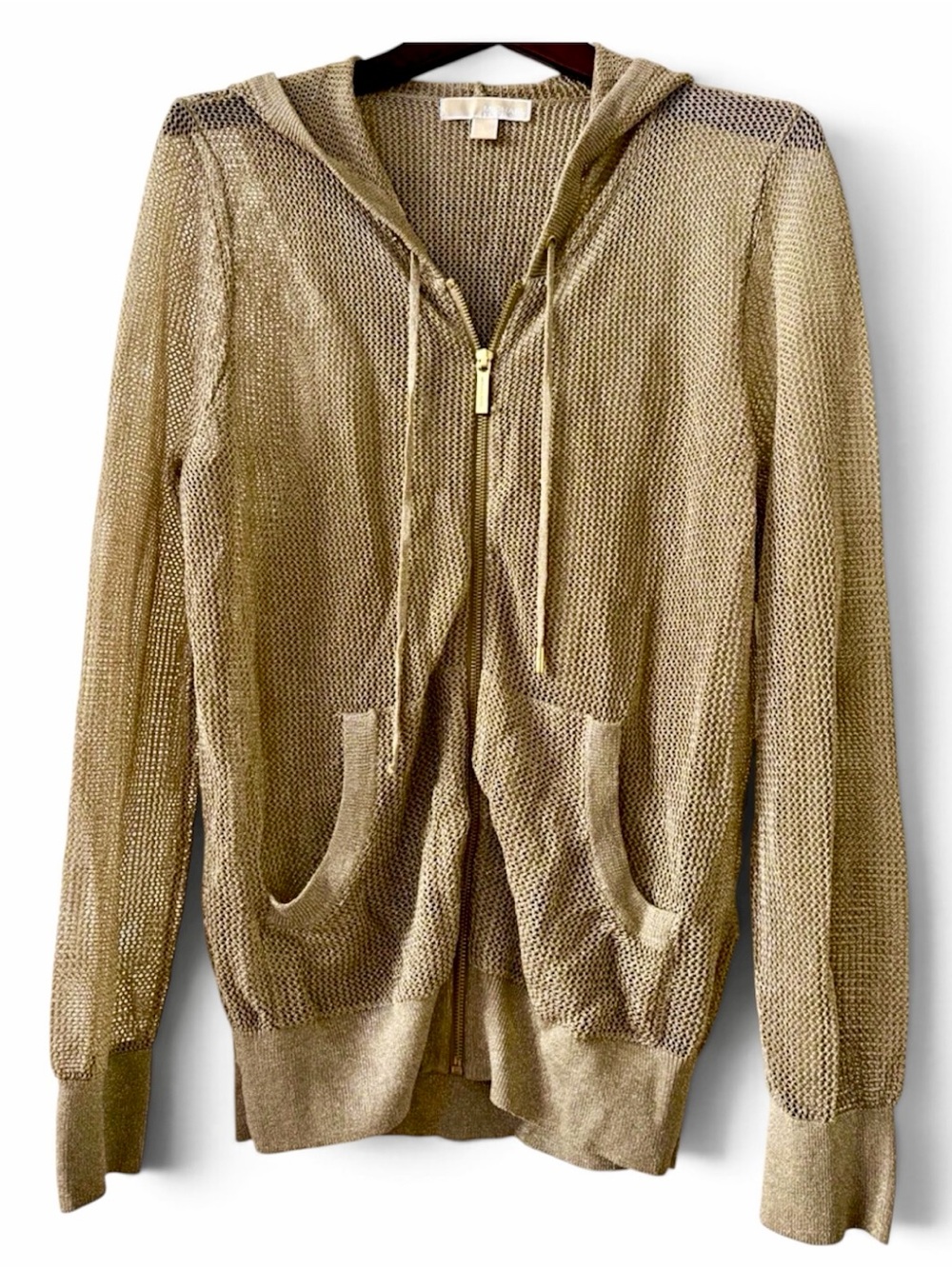 Michael Kors Women's Metallic Gold Open Knit Hooded Zip Cardigan Shimmer L